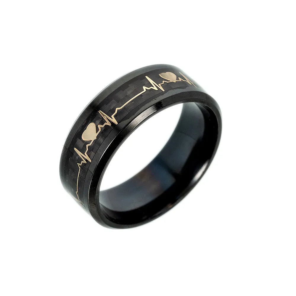 ECG couple carbon fibre ring with luminous glow in heart shape on stainless steel base