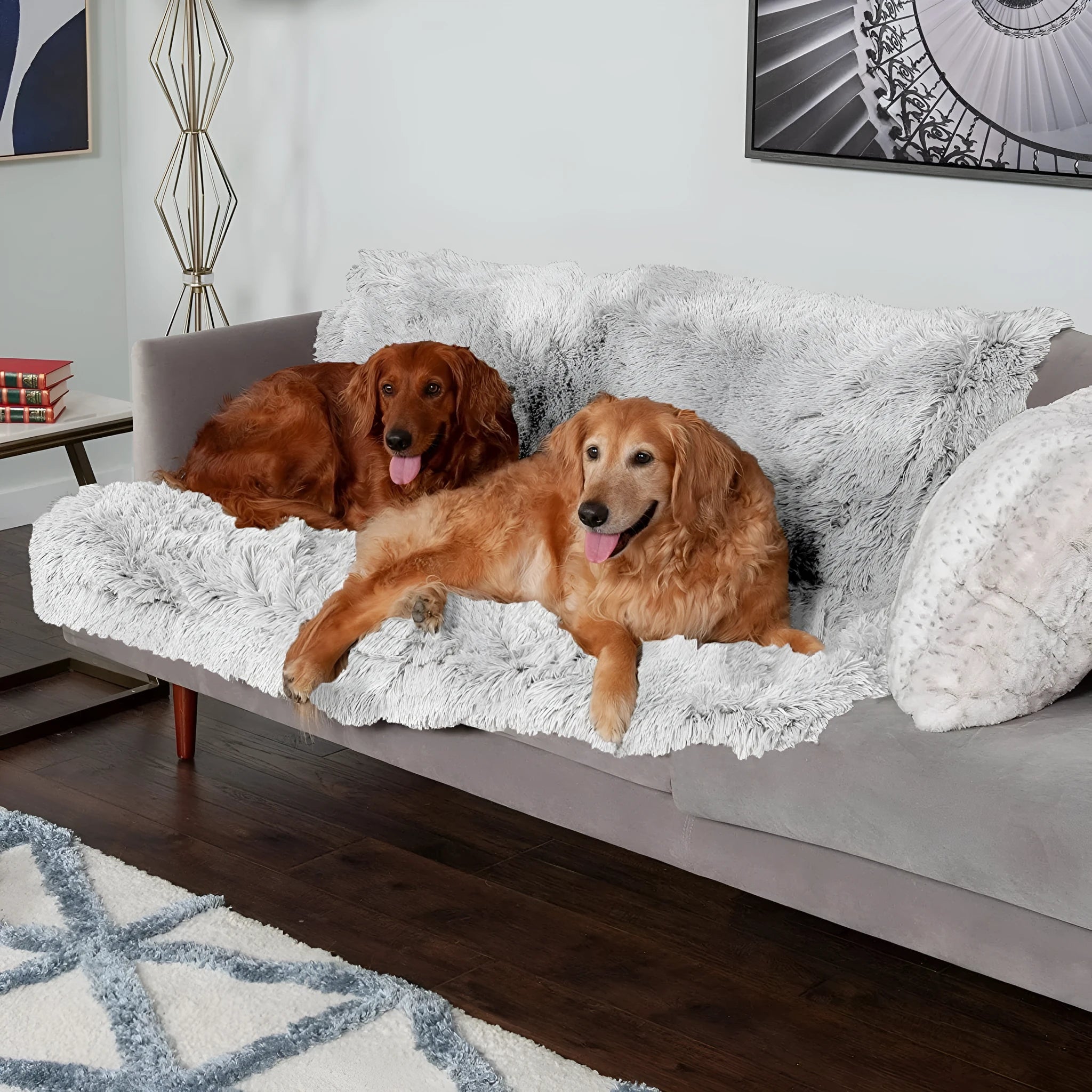 Dark grey plush waterproof dog cushion bed in a large size on a floor