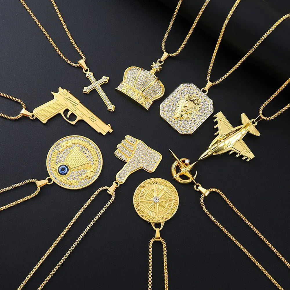 Geometric gold colour alloy pendant zircon necklace with diamond cut stones