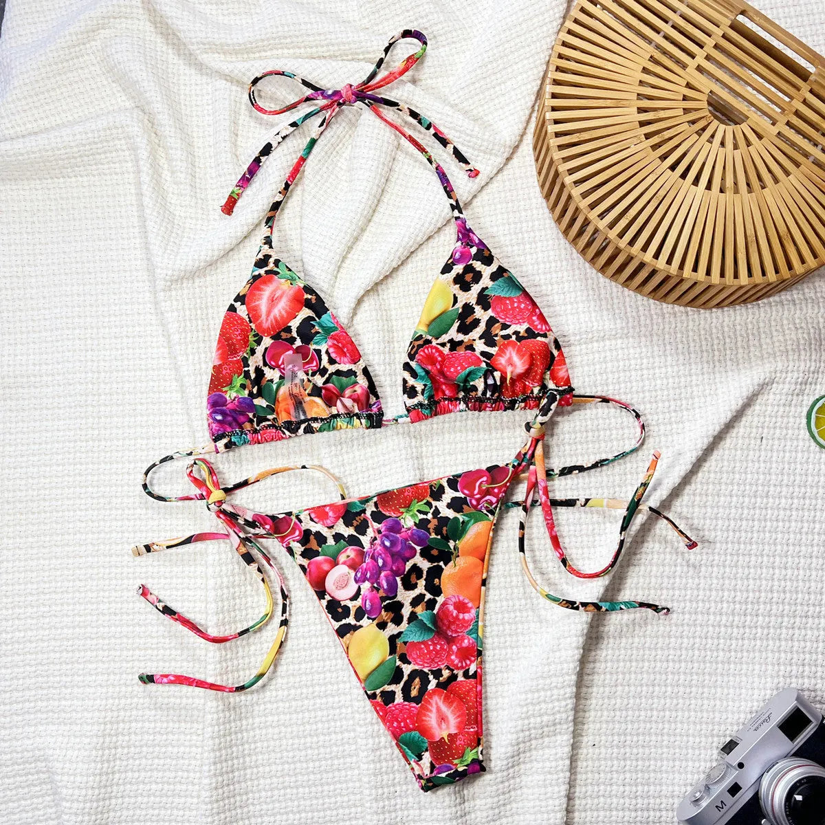Women's separated bikini set in leopard fruit print polyester swimwear, sizes S M L