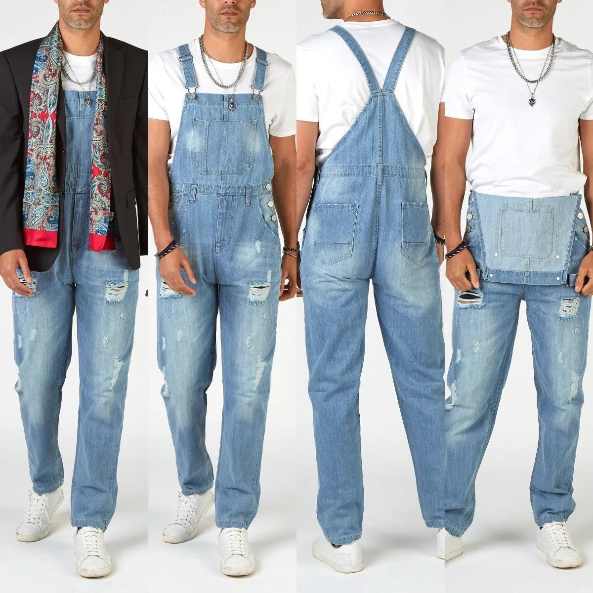 Men's light blue ripped suspender jeans with high waist and straight leg design