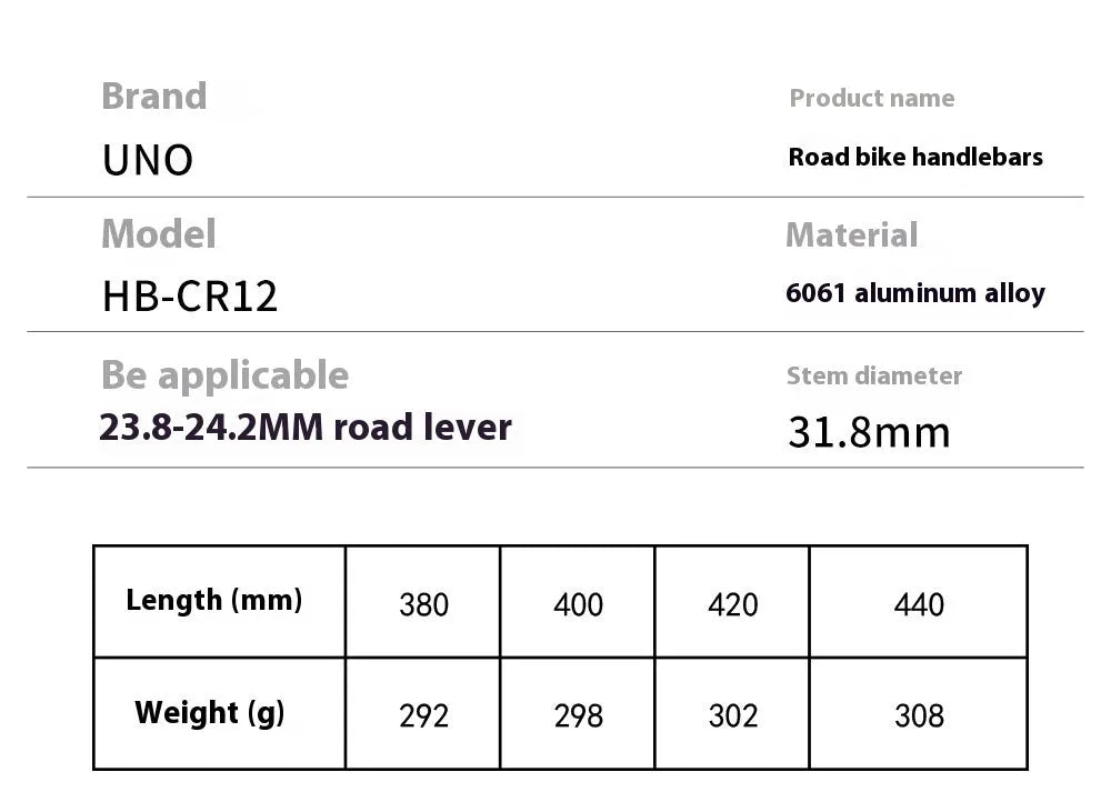 Black aluminium alloy road bike drop handlebar showing bend profile and UNO printing marks.
