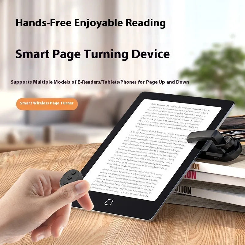 Wireless page turner remote control with clicker, available in black, white, and pink colours.