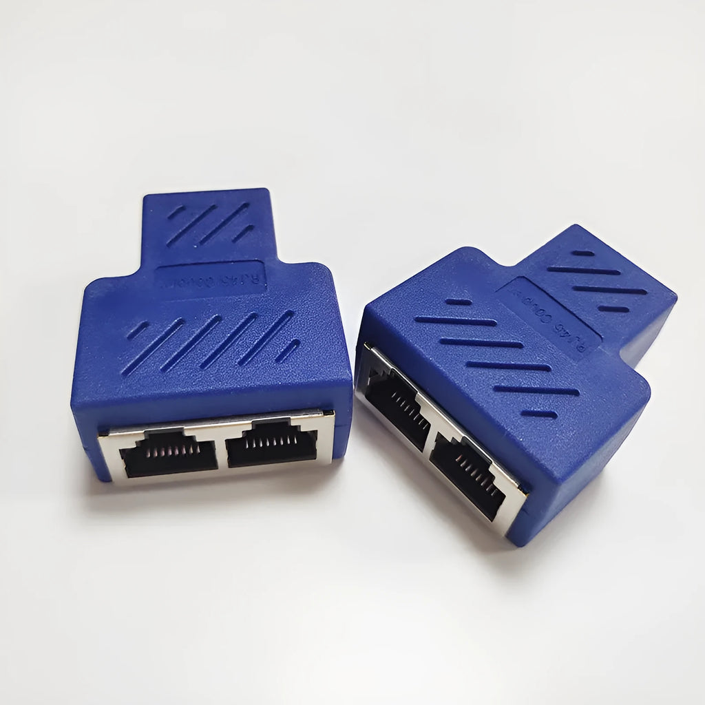 RJ45 network cable splitter tee adapter in five colour options with injection-moulded plastic housing