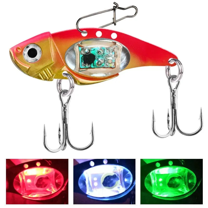 Luminous metal vib electronic fishing lure showing blue body and red body colour options