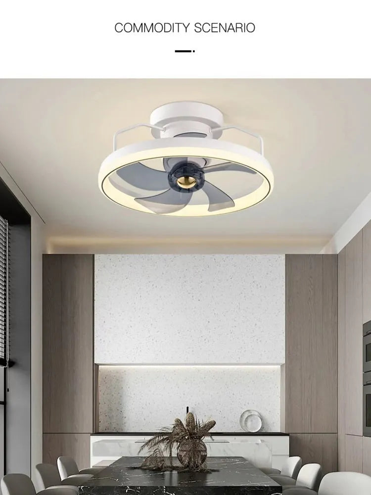 Modern ceiling fan lamp with light showing white finish and acrylic shade