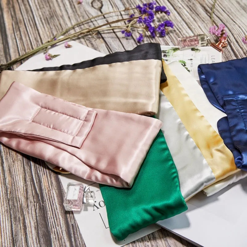 Mulberry silk sleep mask for light blocking, shown in champagne gold colour with soft elastic headband.