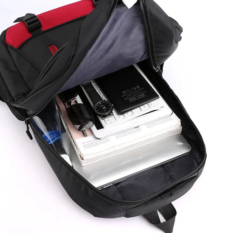 Nylon backpack in four colours with airpillow straps and contrast stitching.