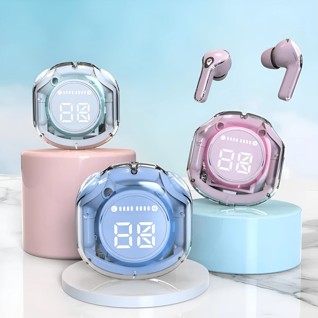 Transparent warehouse wireless Bluetooth in-ear headset in white, black, pink, sky blue, or violet colour options