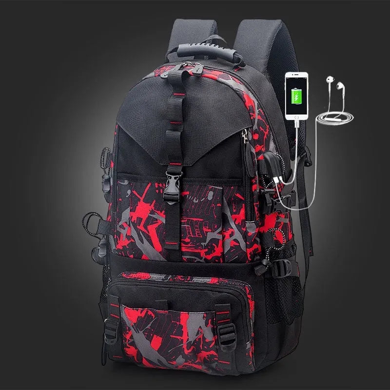 Men's waterproof Oxford cloth hiking backpack with air cushion back system and 56-75 litre capacity