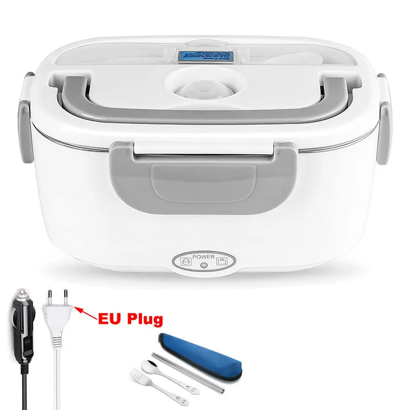 Grey dual-power electric lunch box with 1.1 litre capacity for car and home use.