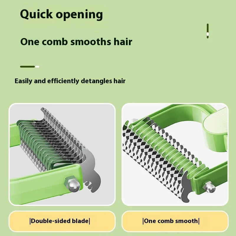 Green and grey dog unknotting comb with stainless steel blade and plastic handle in large and small sizes.