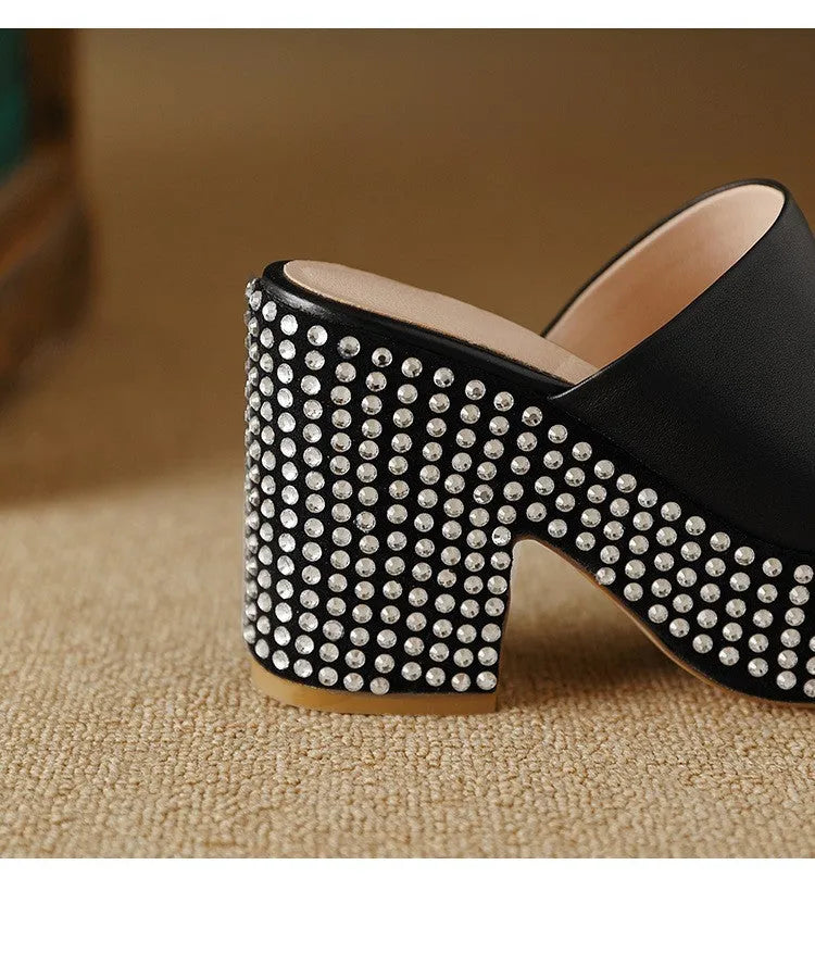 Black women's platform sandals with chunky heel, round toe, and Czech diamond leather upper