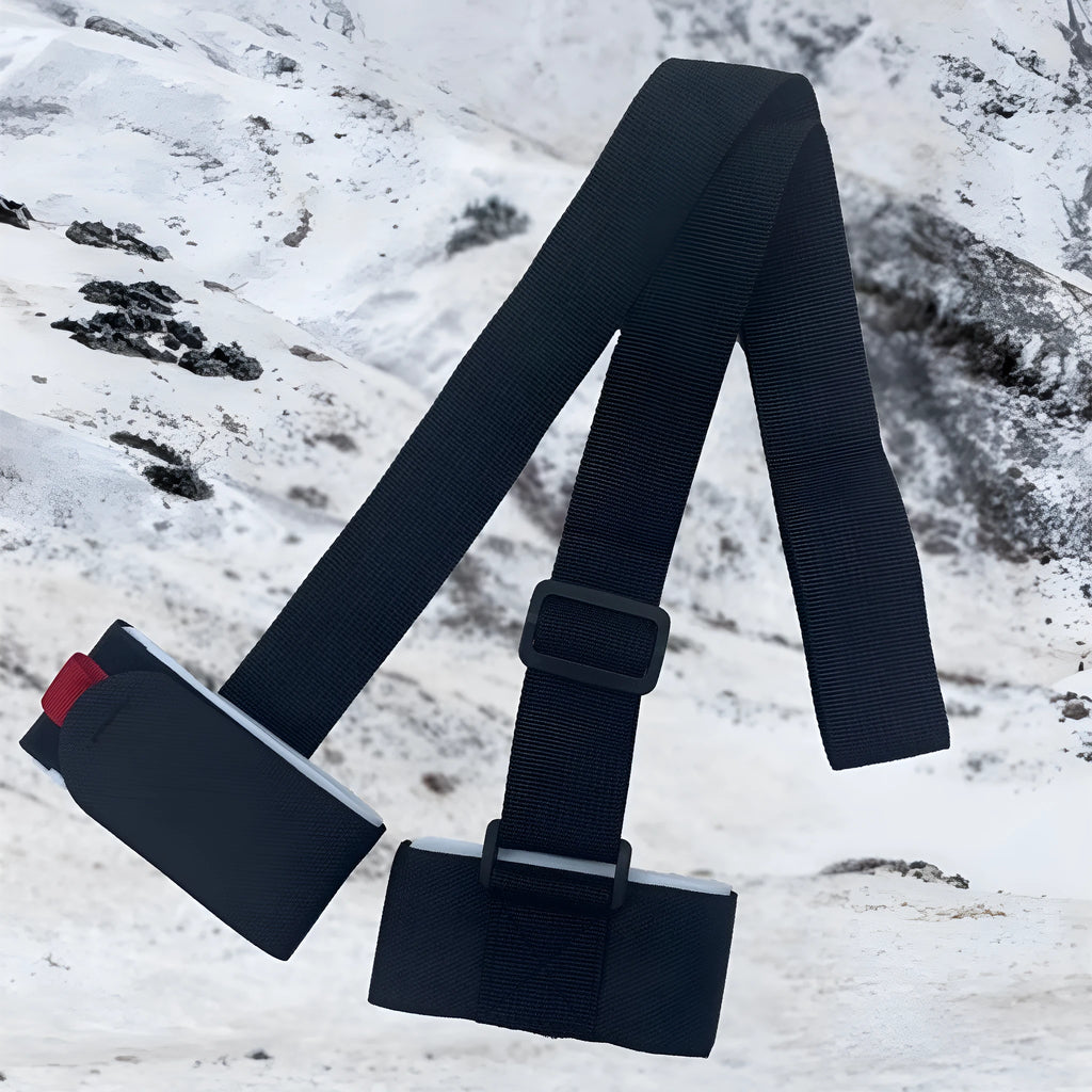 Adjustable hook and loop ski carrying strap in multiple colours for shoulder transport.