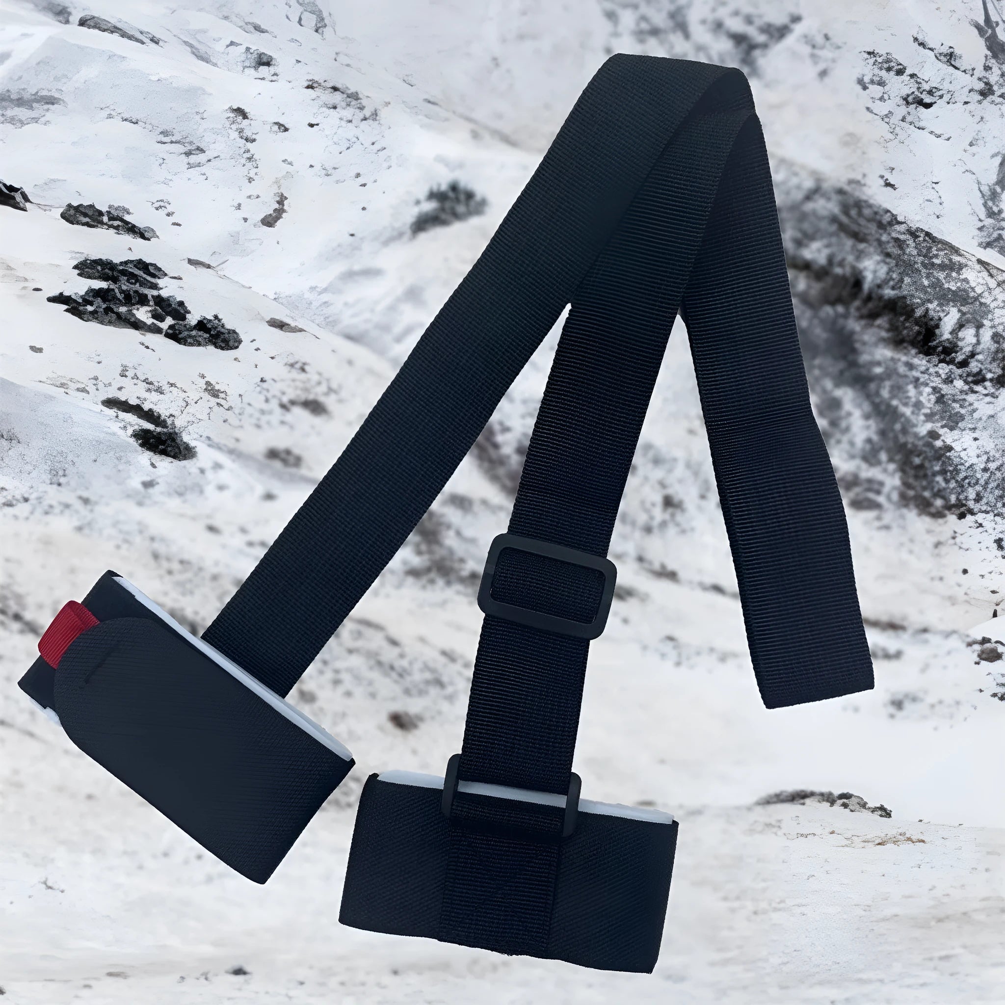 Adjustable hook and loop ski carrying strap in multiple colours for shoulder transport.