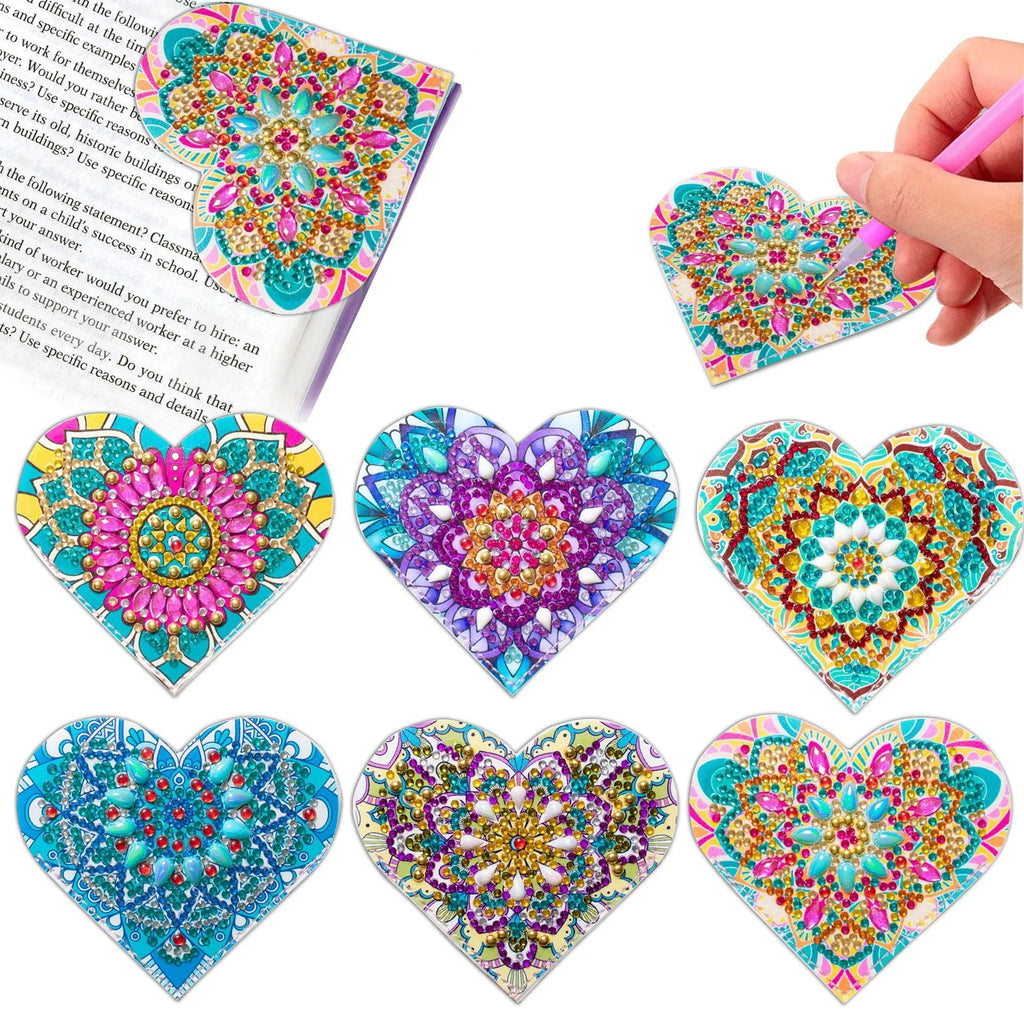 Six PU leather handmade bookmarks with crystal flower cornerite designs