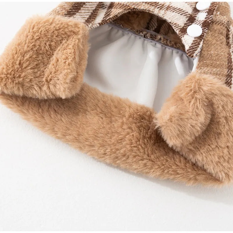 Two-piece pet winter outfit with vintage plaid hooded cape, matching dress, faux rabbit fur trim and velvet bow in Black or Brown