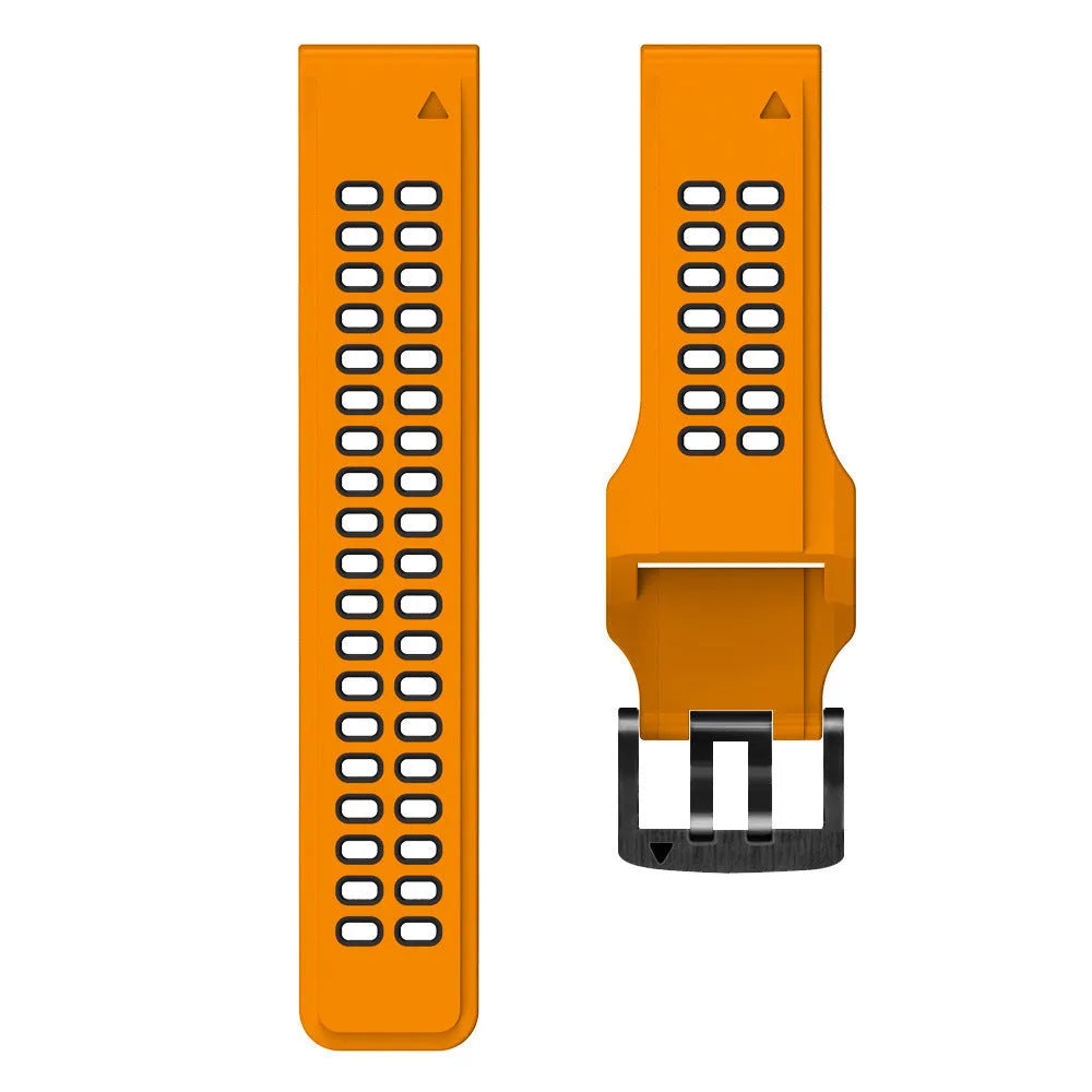 Two-colour quick release silicone watch strap in black and orange with double-row holes and pin buckle
