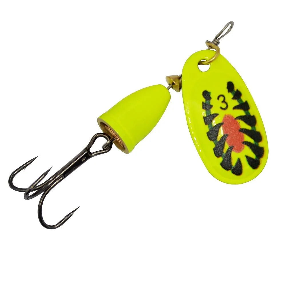 R composite metal fishing lure with rotating sequins and a copper bell in multiple colour options on a blue background.