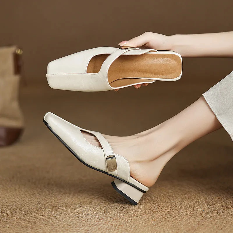 Low heel square toe outdoor slippers in black, beige, or silver with rubber sole