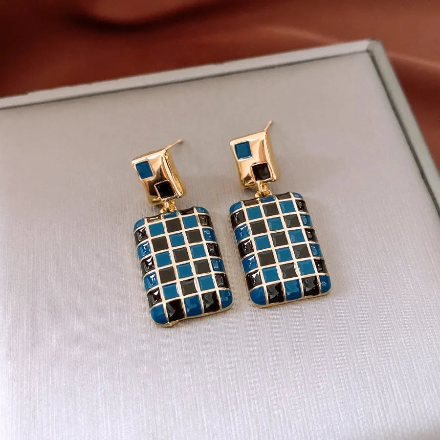 Real gold electroplated Silver Needle oil-drop rectangular copper earrings in retro geometric style