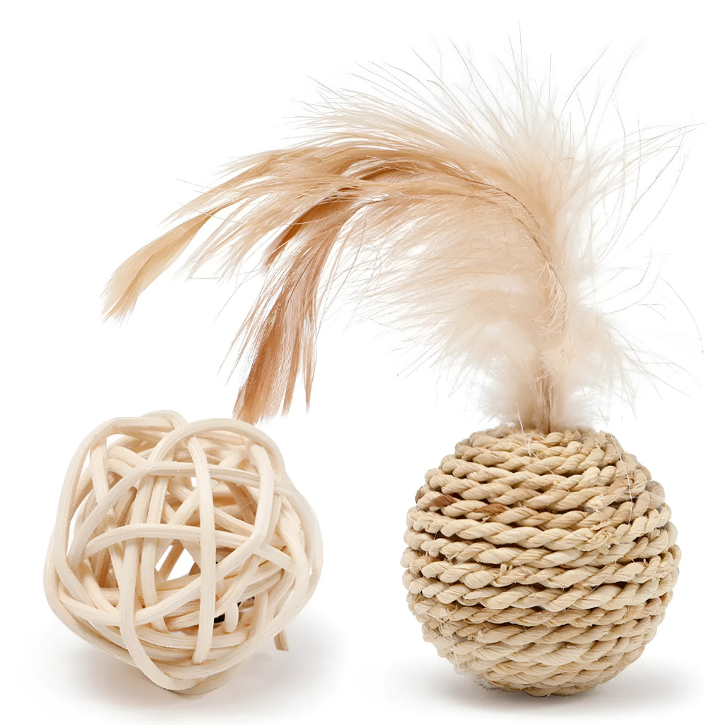 Primary colour cat toy set showing a rattan ball and a faux feather ball with bell.
