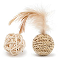 Primary colour cat toy set showing a rattan ball and a faux feather ball with bell.