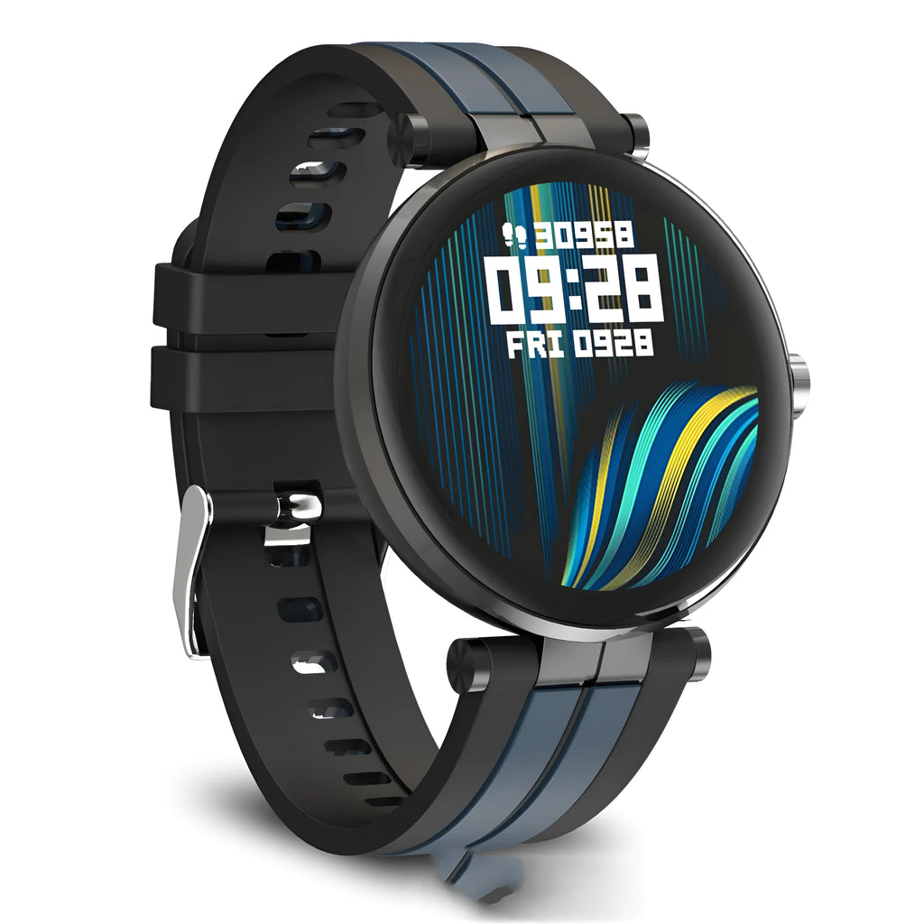 Smart watch with blood pressure monitoring on wrist showing 1.3 inch screen and silicone strap