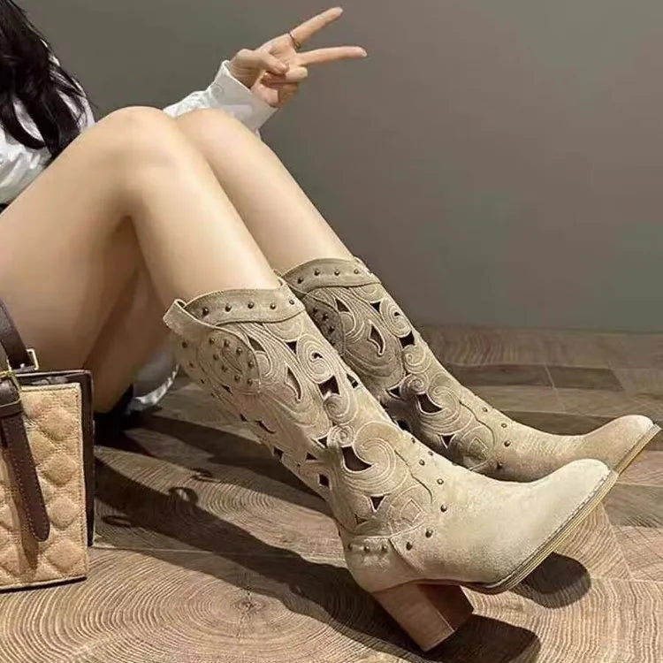 Western cowboy boot with chunky heel, V-cut embroidery, hollow-out design, artificial PU upper in khaki