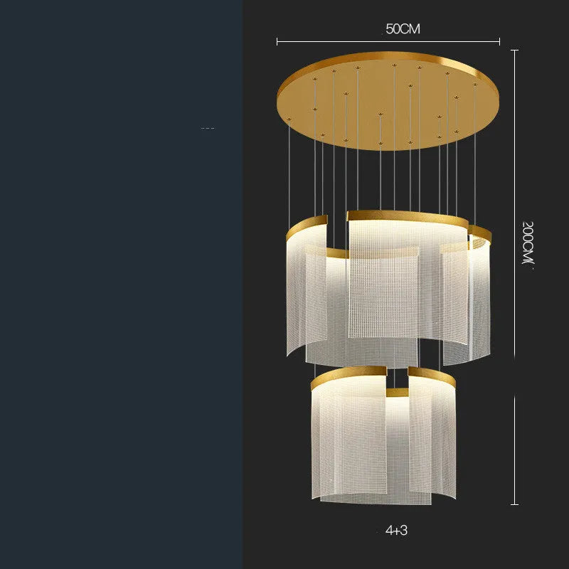 Villa duplex large chandelier in gold mesh finish with stainless steel body and multiple LED light heads against a modern living room ceiling