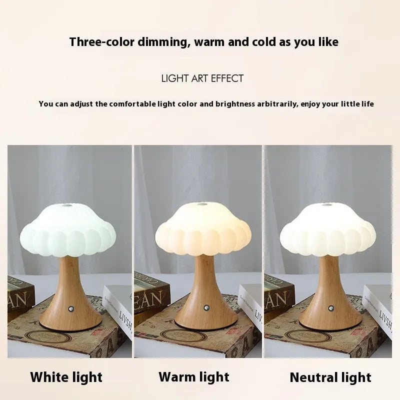 Small decorative mushroom-shaped night lamp on a surface, showcasing its USB charging port and touch control.