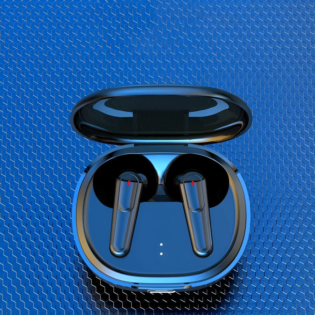 Black Bluetooth earbuds with noise reduction and low-latency mode for e-sports