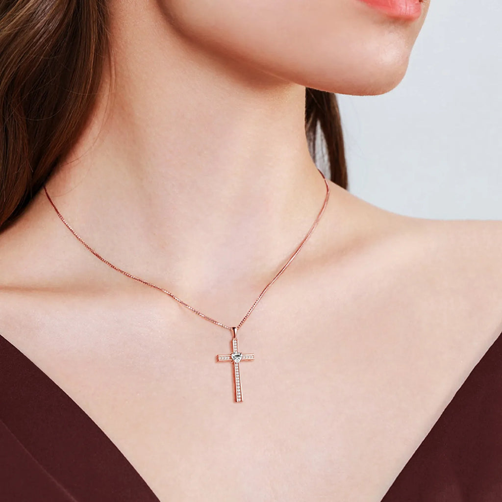 Rose gold plated cross necklace on 925 silver chain with birthstone pendant for women