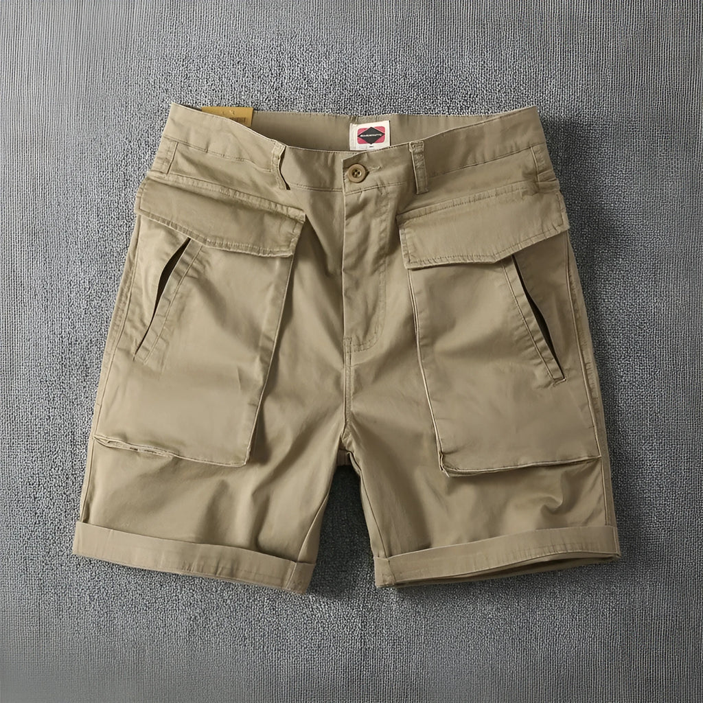 Men's straight-leg cargo shorts in khaki colour with multiple pockets.