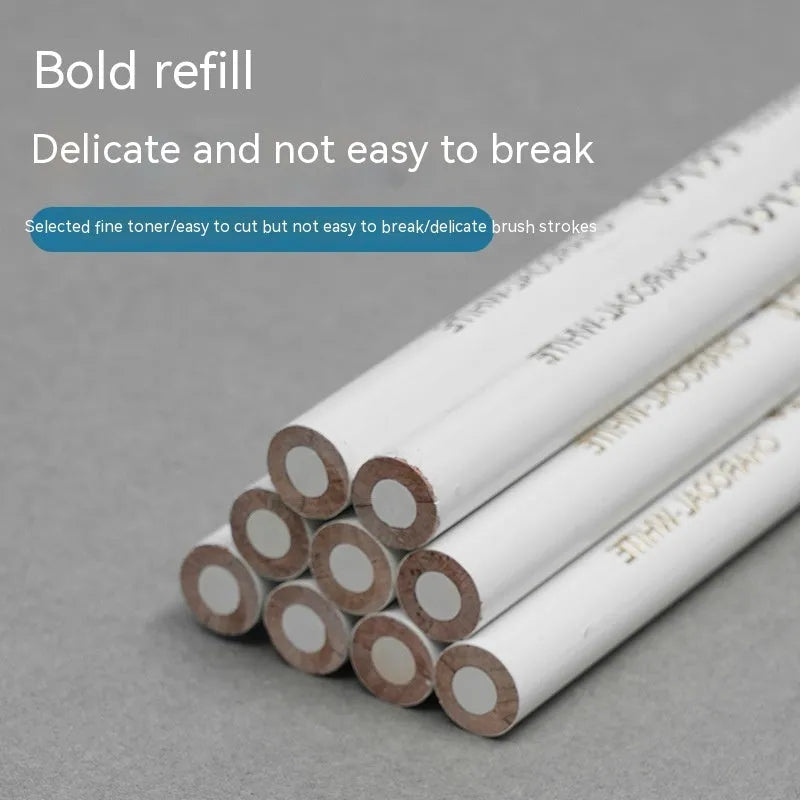 Wooden case containing three white charcoal sketching pencils for drawing on dark paper