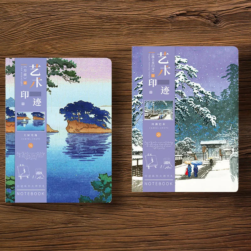 Ukiyo-e art ledger notebook with Kanagawa wave cover design showing dimensions and Daolin paper pages