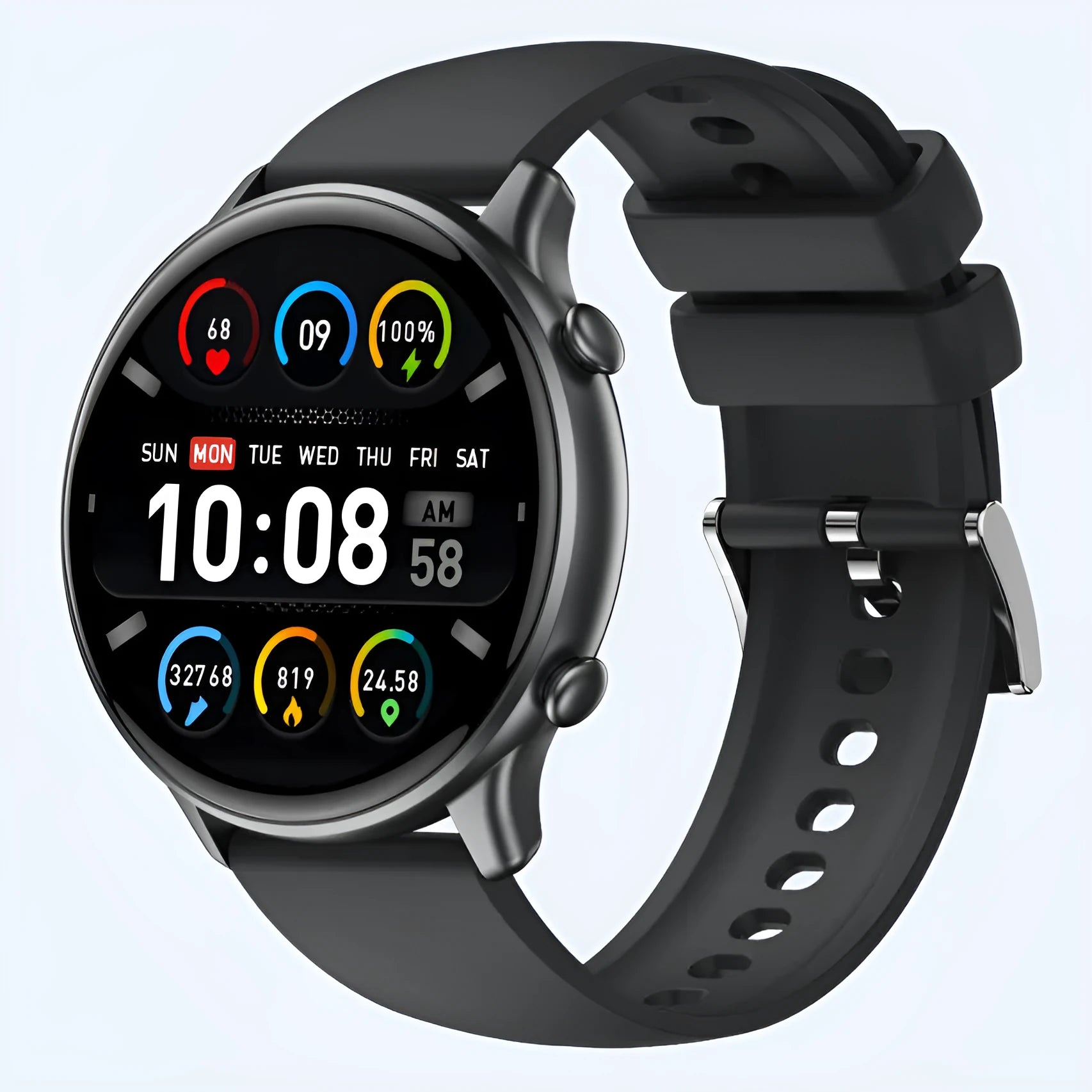 Round smart sports watch with touch screen on silicone strap showing heart rate display
