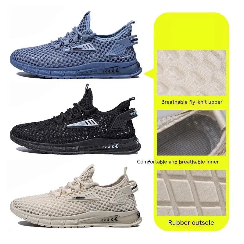 Men's beige casual sneaker with mesh lining, synthetic leather upper, and flat EVA sole on a plain background.