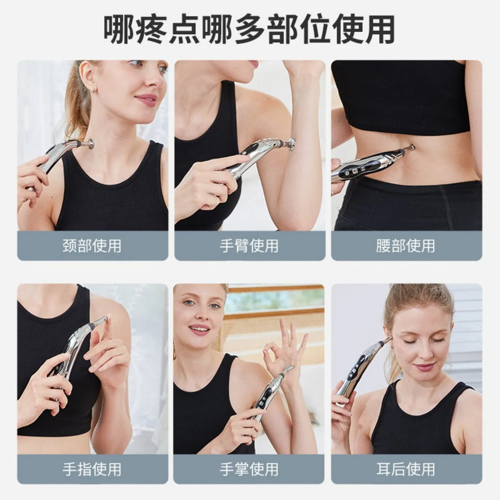 USB rechargeable meridian pen with automatic acupoint detection and five-headed oil applicator in black bagged packaging