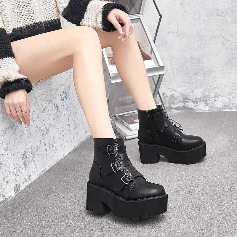 Black women's Harajuku punk gothic Martin boots with bat buckle, platform sole, and side zip.