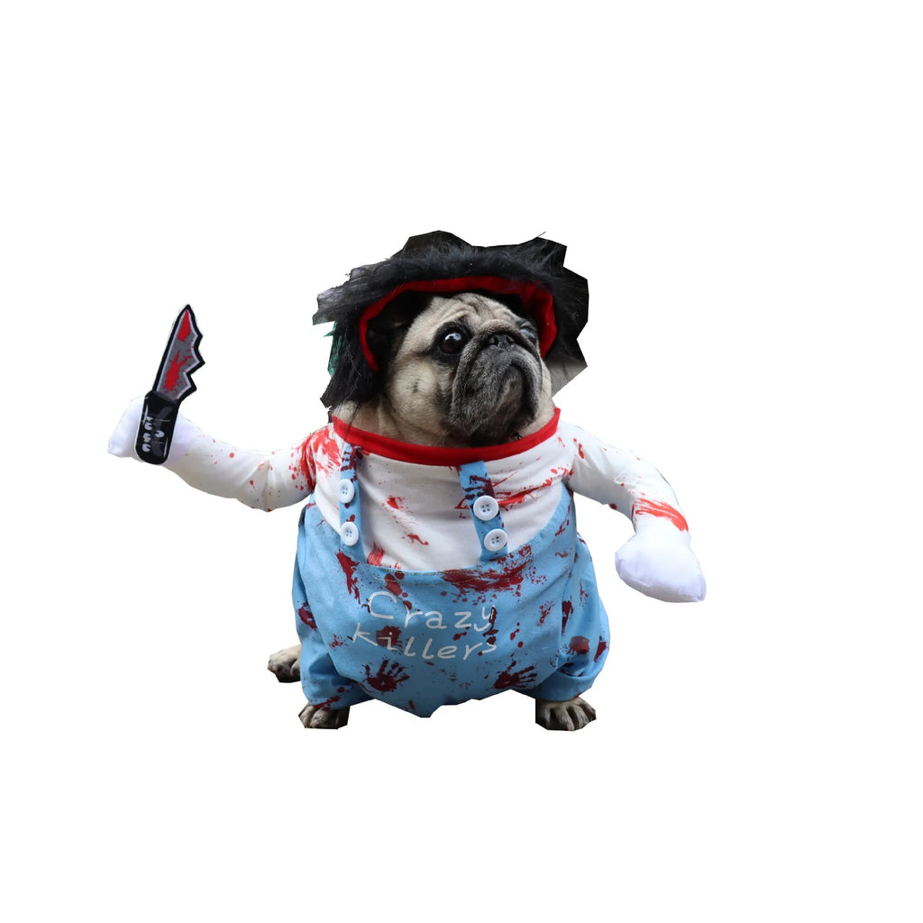 Halloween Bloody Doll pet costume for dogs and cats, polyester pet clothing in sizes S, M, L, and XL