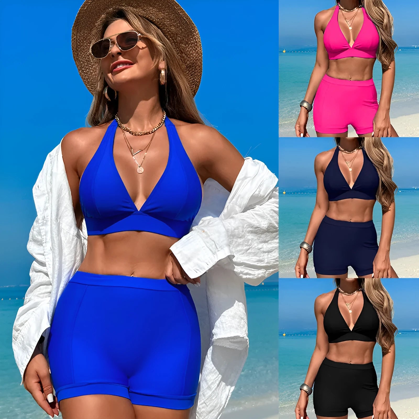 Women's sleeveless swimsuit bikini in nylon with polyester lining, shown in available colours.