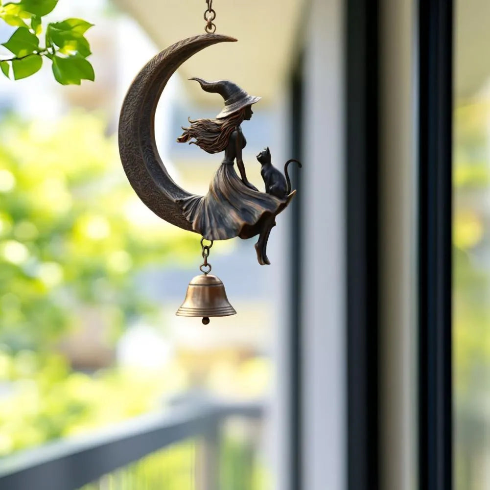 Witch moon and black cat bell pendant with suspension hanging method and witch moon bell colour classification