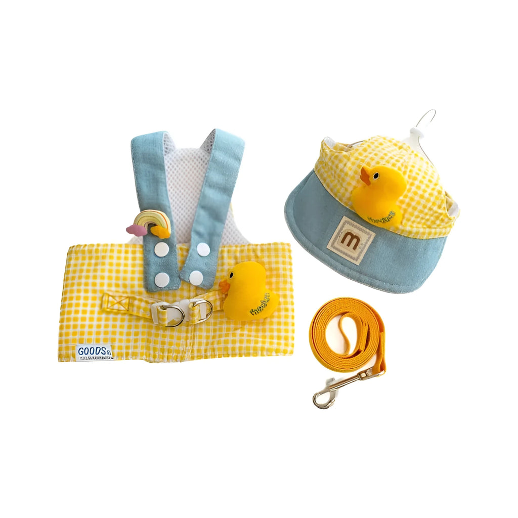 Three-piece summer cat clothes set with harness, leash, hat and rope accessories for outdoor pet safety