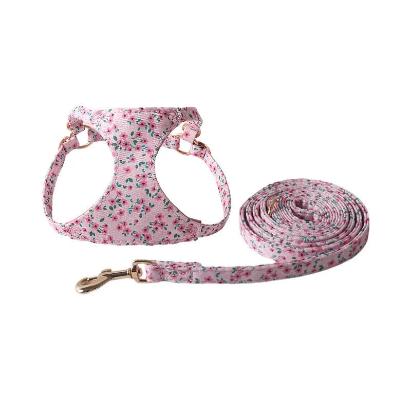Floral dog harness and leash set in cloth material with single chest back design