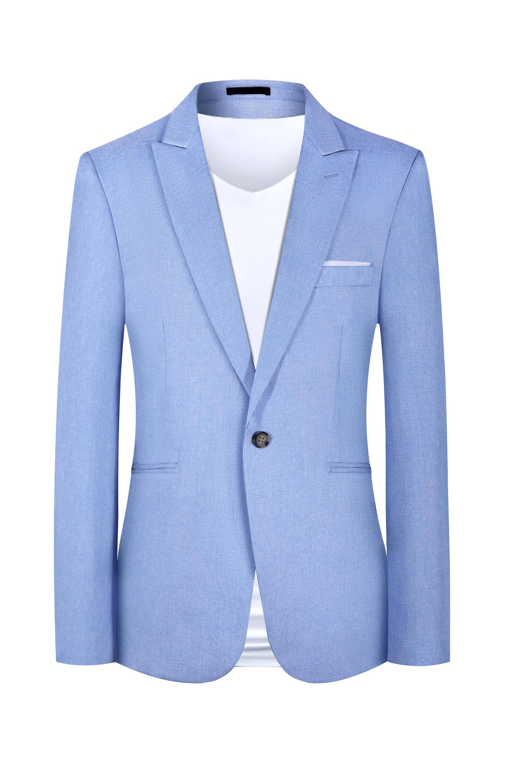 Men's casual light blue and pink western-style suit coat laid flat with size chart showing measurements.
