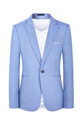 Men's casual light blue and pink western-style suit coat laid flat with size chart showing measurements.