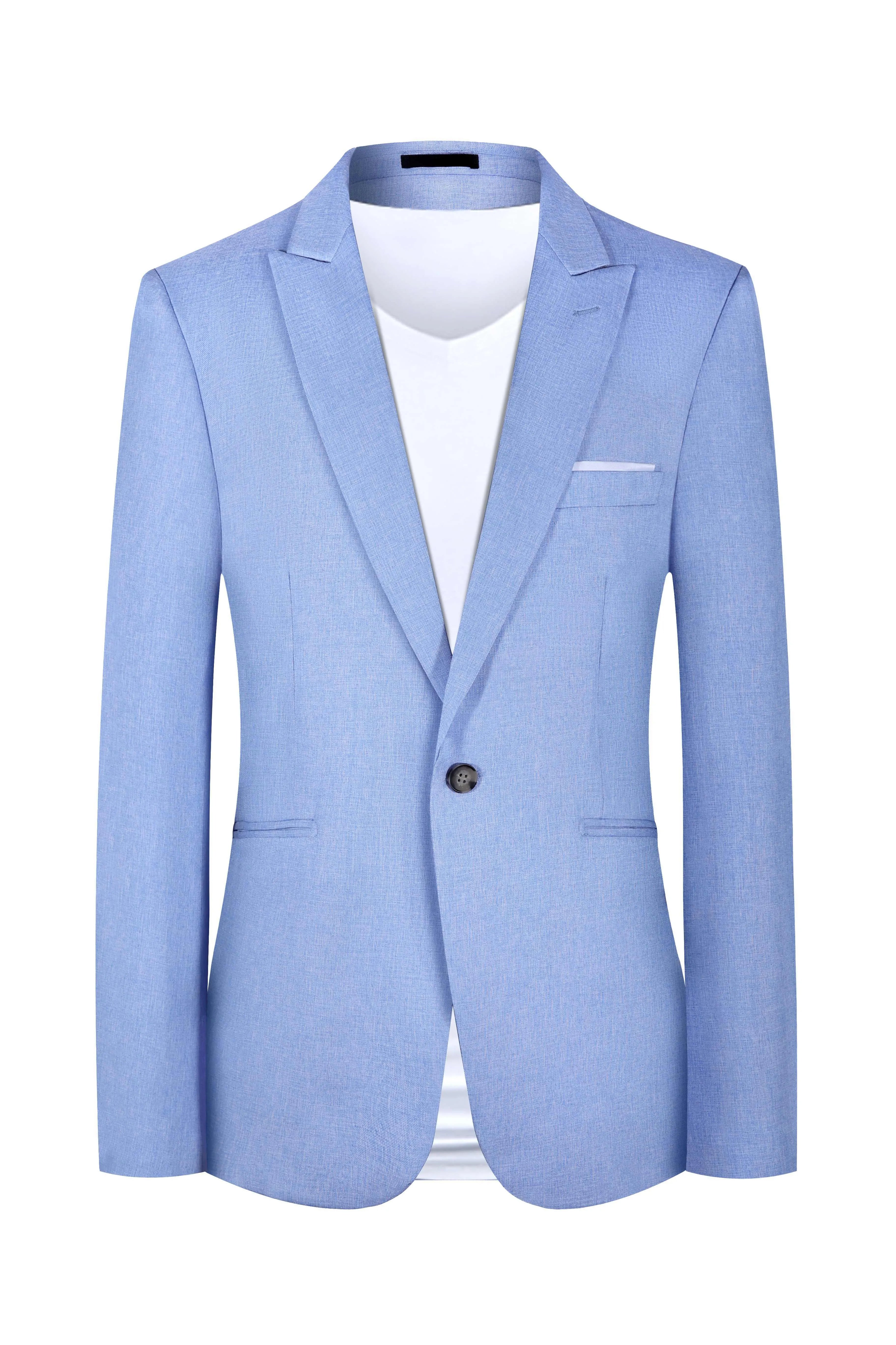 Men's casual light blue and pink western-style suit coat laid flat with size chart showing measurements.