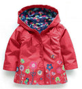 Girls' cute flowers windproof and rainproof shell jacket in red with hood, long sleeves, cotton fabric, spring style