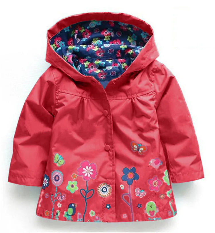 Girls' cute flowers windproof and rainproof shell jacket in red with hood, long sleeves, cotton fabric, spring style